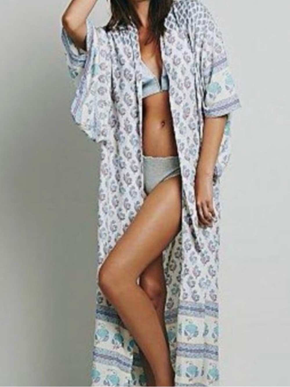 Spell Long Floral Kimono Robe in White and Light Blue
